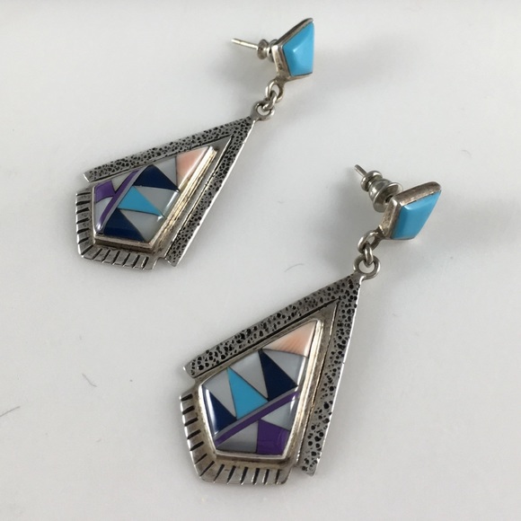 Native American Silver Turquoise Earrings Santa Fe - Picture 4 of 7
